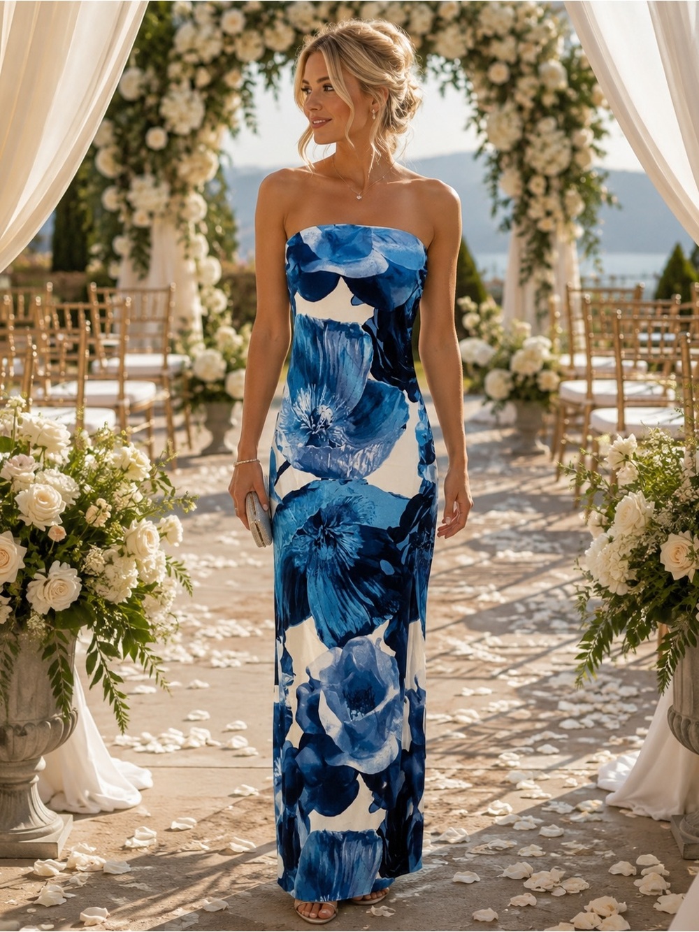Strapless Blue Floral Maxi Dress